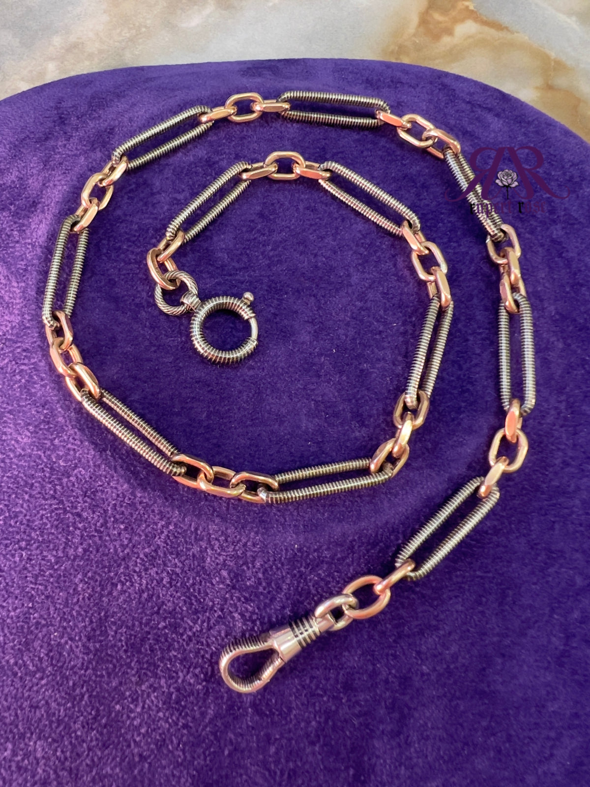 Antique 800 Silver Niello & Rose Gold Plated Trombone/Paperclip Albert Watch Chain | 17”