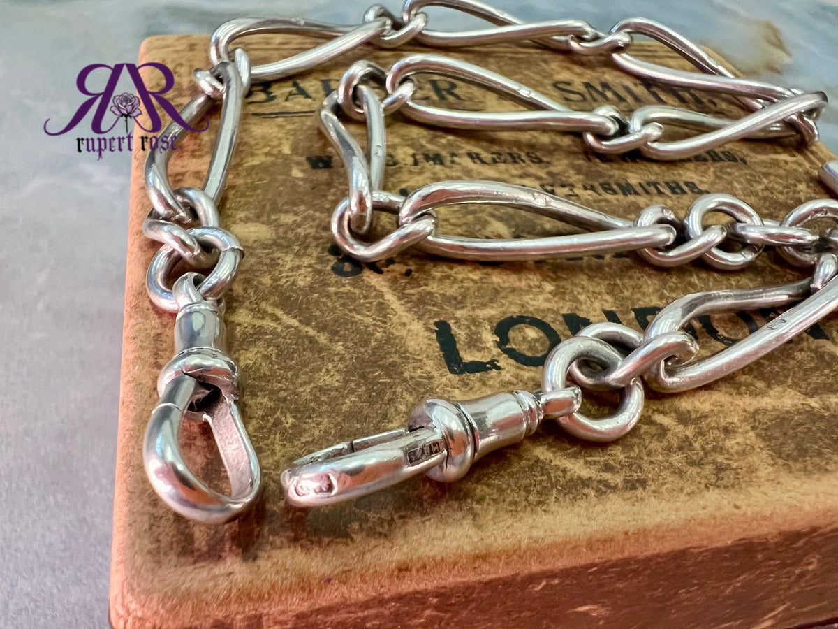 Antique Sterling Silver Fancy Twisted Trombone/Paperclip/Fetter Link Albert Watch Chain