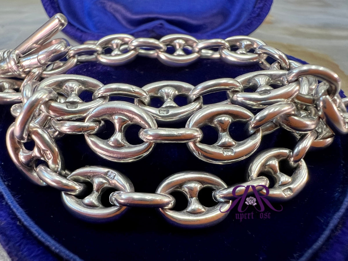 Antique Sterling Silver Mariner & Oval Cable Link Albert Watch Chain