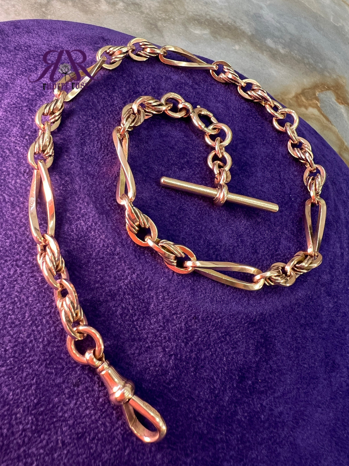 Antique 9ct Rose Gold Fancy Lovers Knot & Twisted Paperclip/Trombone Link Albert Watch Chain