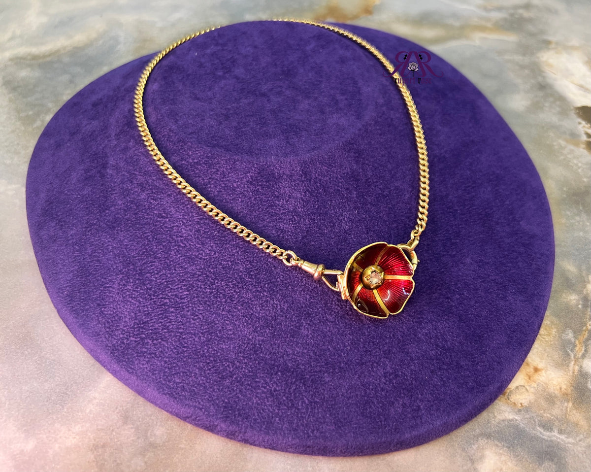 Antique High Carat Yellow Gold Triangular Rose Cut Diamond & Red Enamel Poppy/Flower Brooch