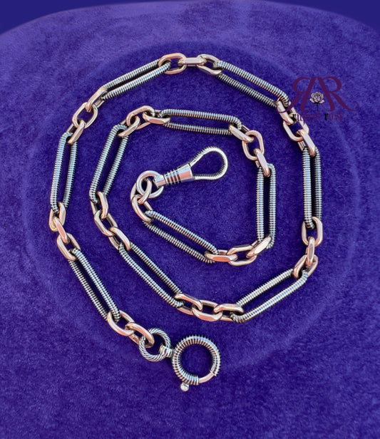 Antique 800 Silver Niello & Rose Gold Plated Trombone/Paperclip Albert Watch Chain | 17”