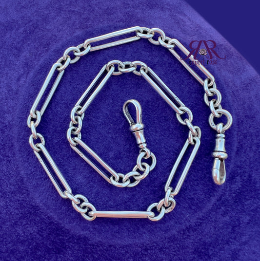 Antique Sterling Silver Trombone/Papreclip & Oval Cable Link Albert Watch Chain