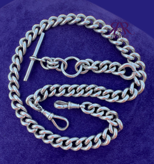 Antique Sterling Silver Long & Heavy Curb Albert Watch Chain | 19.25” 109g