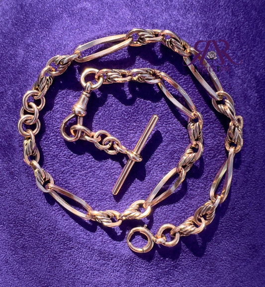 Antique 9ct Rose Gold Fancy Lovers Knot & Twisted Paperclip/Trombone Link Albert Watch Chain