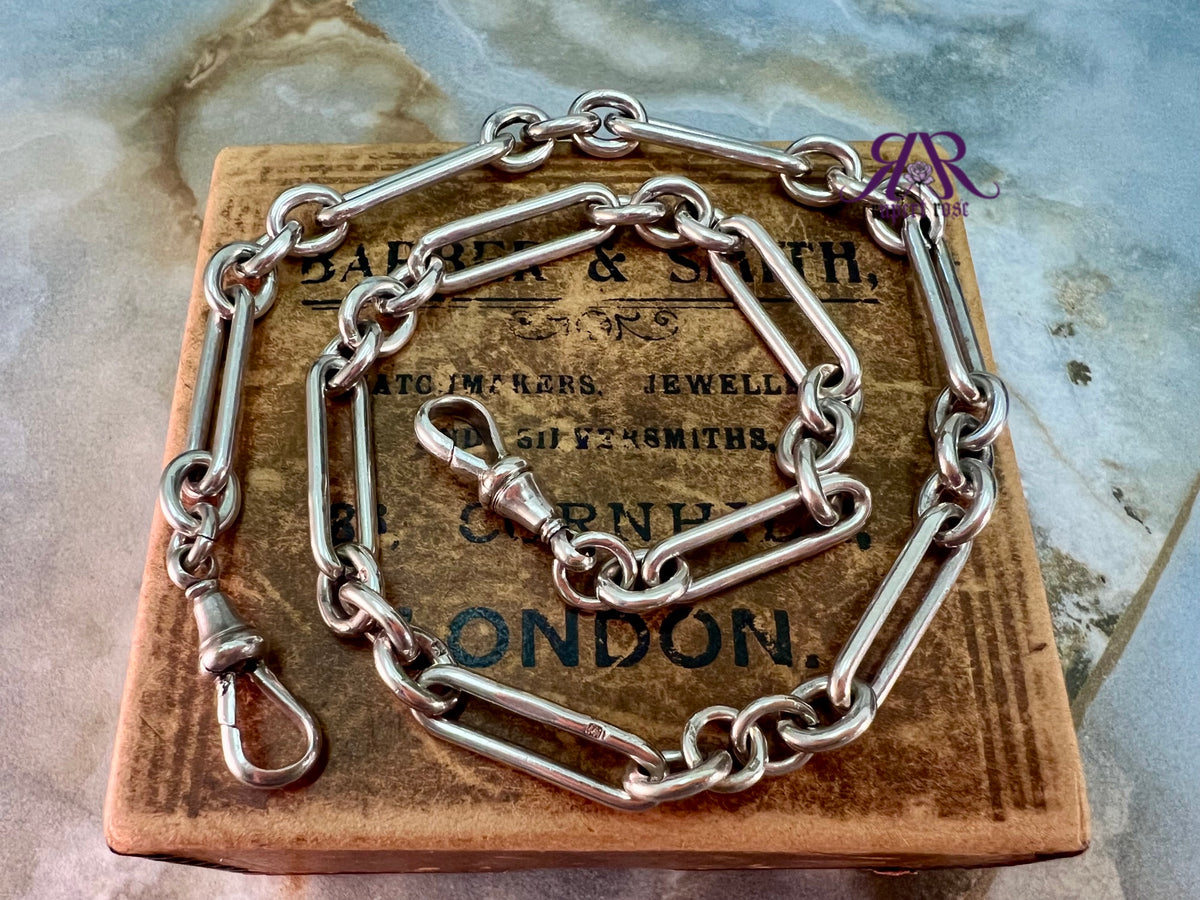 Antique Sterling Silver 1897 Trombone/Paperclip Albert Chain 17.5”