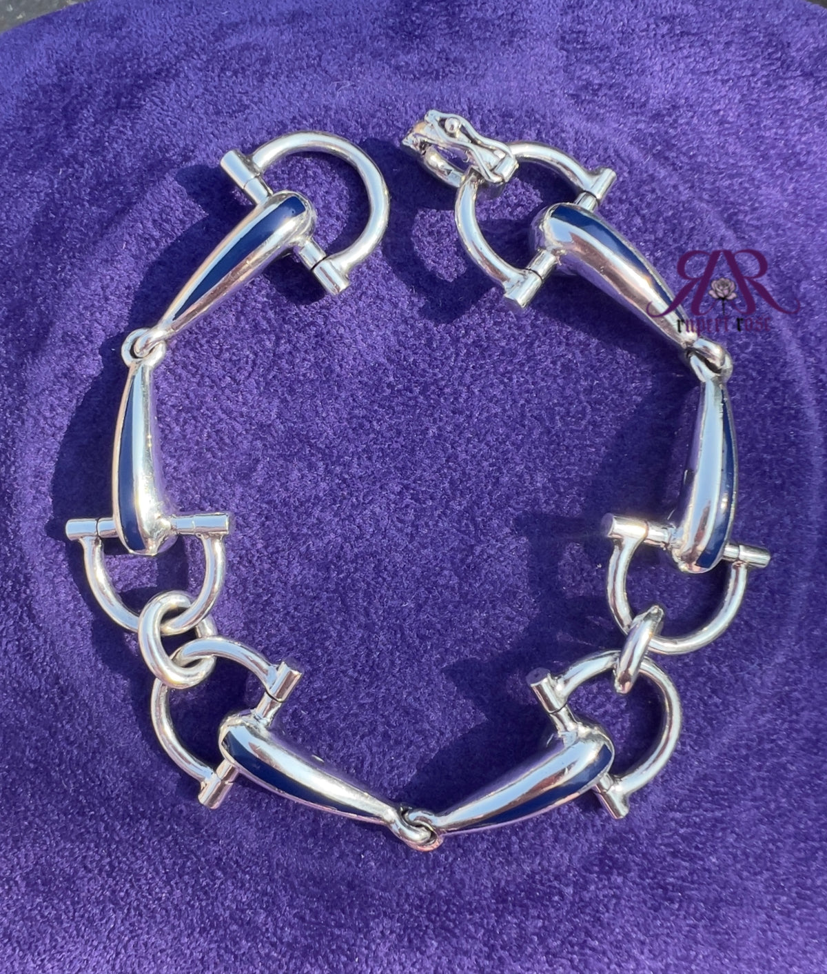 Vintage 1973 GUCCI Sterling Silver & Blue Enamel Horsebit / Snaffle Link Bracelet