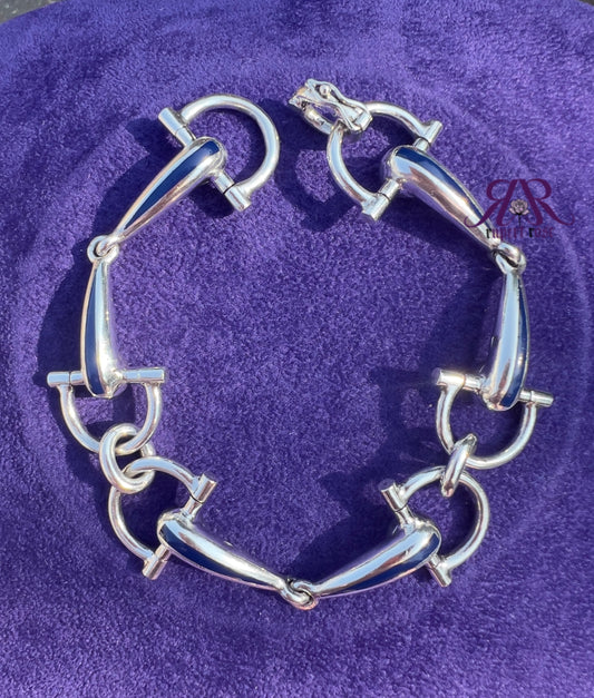 Vintage 1973 GUCCI Sterling Silver & Blue Enamel Horsebit / Snaffle Link Bracelet