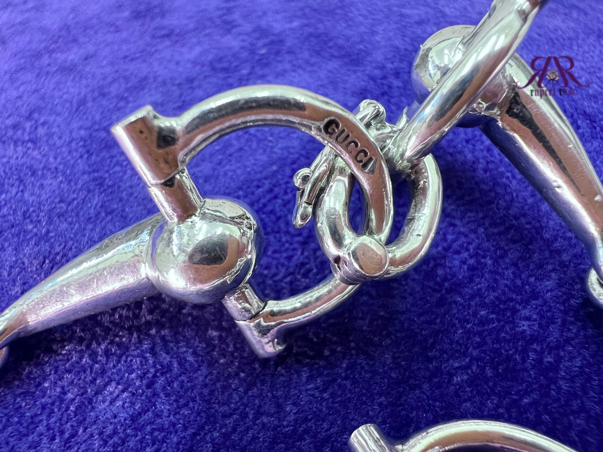 Vintage 1973 GUCCI Sterling Silver & Blue Enamel Horsebit / Snaffle Link Bracelet