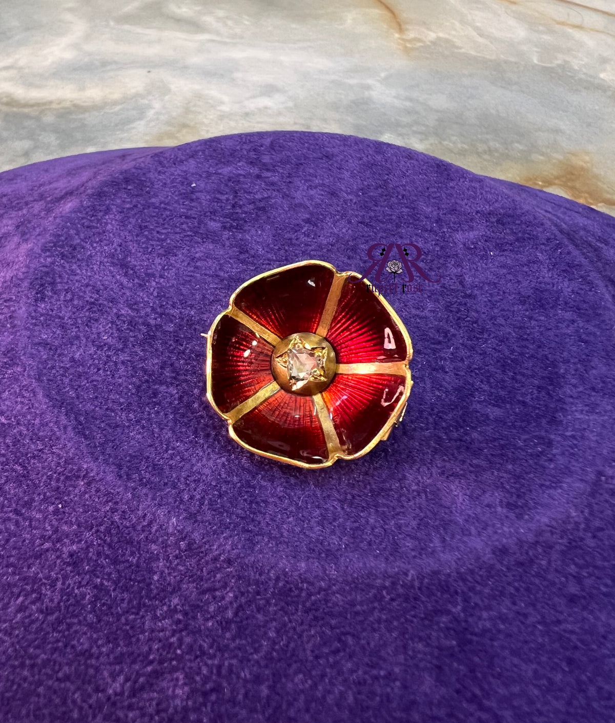 Antique High Carat Yellow Gold Triangular Rose Cut Diamond & Red Enamel Poppy/Flower Brooch