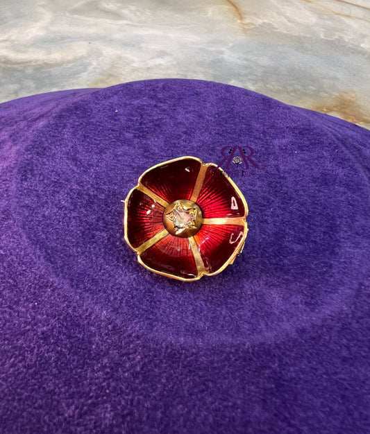 Antique High Carat Yellow Gold Triangular Rose Cut Diamond & Red Enamel Poppy/Flower Brooch
