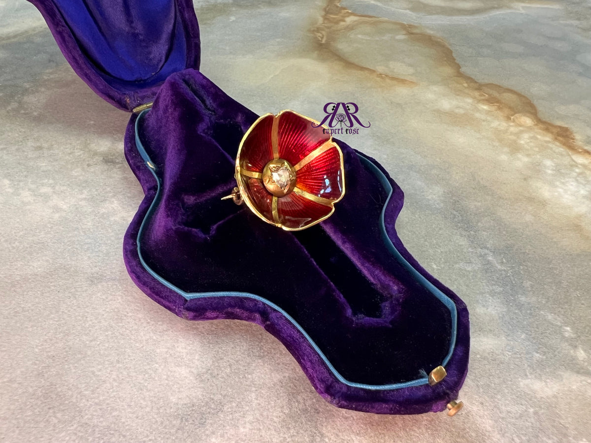 Antique High Carat Yellow Gold Triangular Rose Cut Diamond & Red Enamel Poppy/Flower Brooch