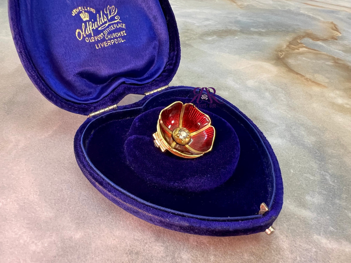 Antique High Carat Yellow Gold Triangular Rose Cut Diamond & Red Enamel Poppy/Flower Brooch