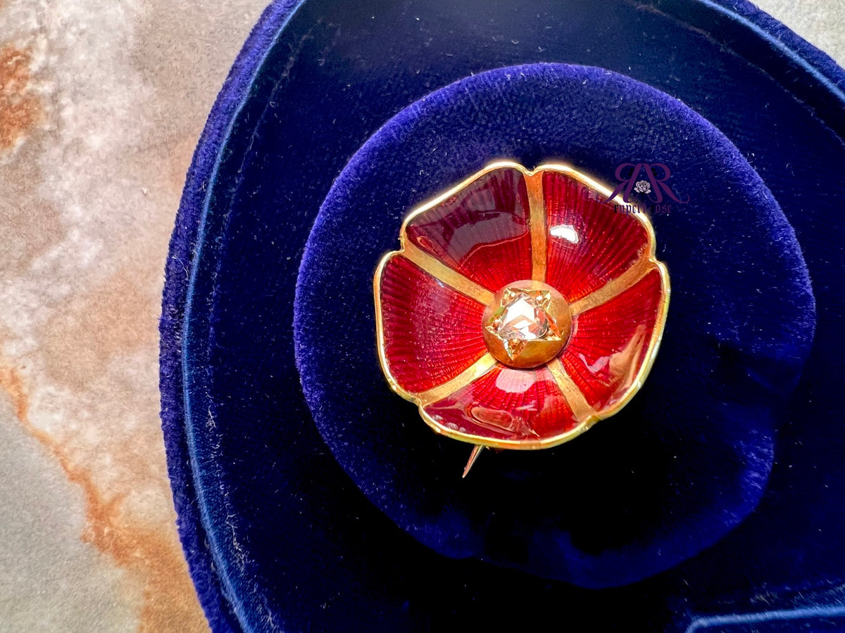 Antique High Carat Yellow Gold Triangular Rose Cut Diamond & Red Enamel Poppy/Flower Brooch