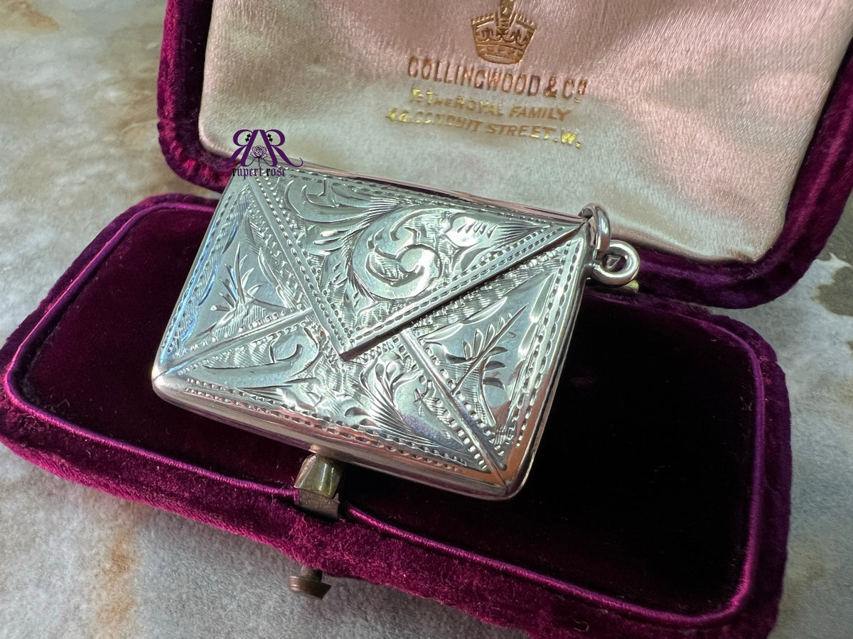 Antique Engraved Sterling Silver Stamp Holder with Bale