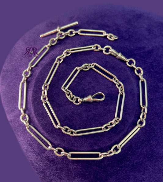 Antique Sterling Silver Long 25” Trombone/Paperclip & Cable Link Watch Chain