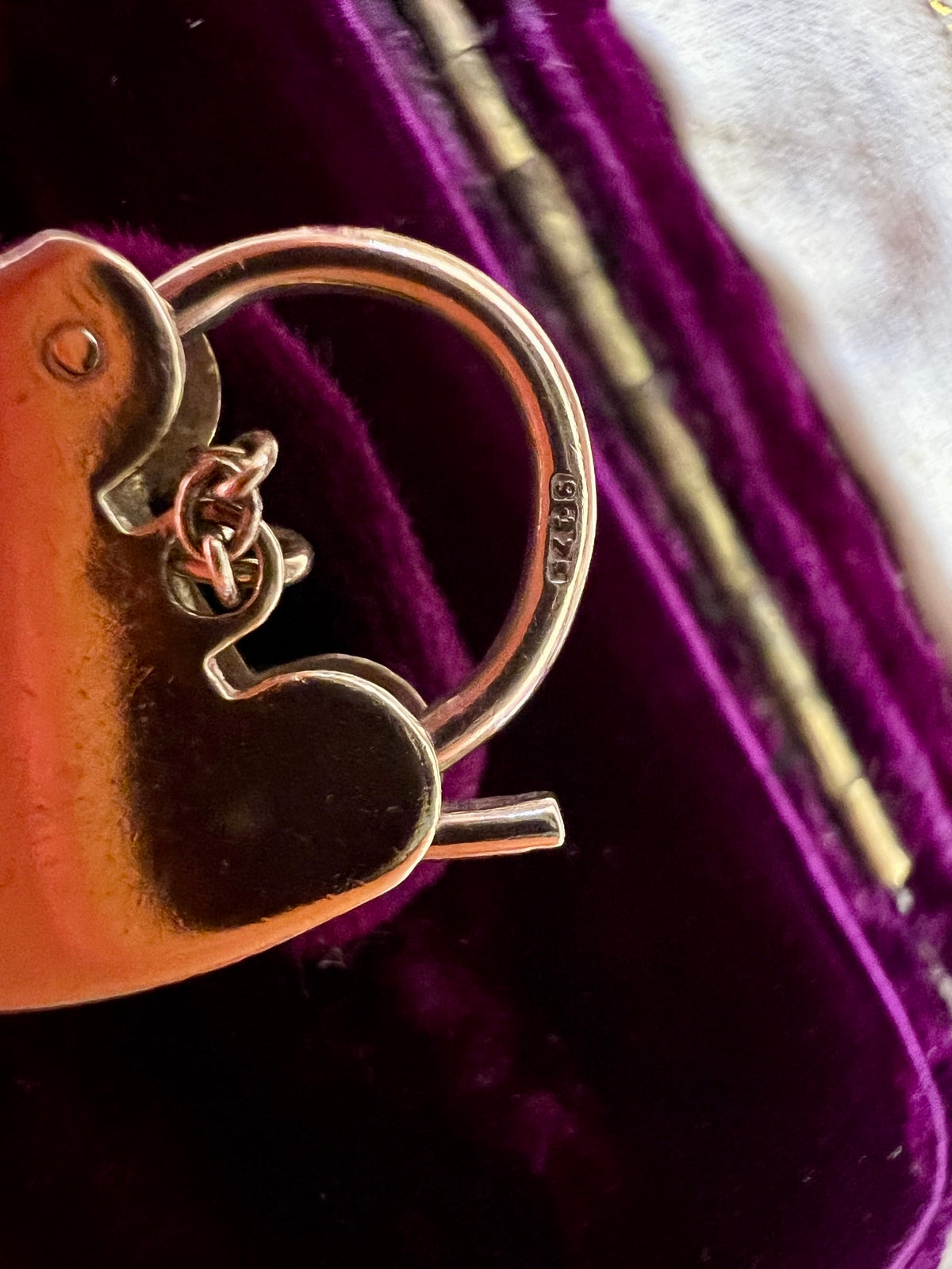 Vintage 1959 9ct Yellow Gold Georg Jensen Engraved Heart Padlock with Safety Chain