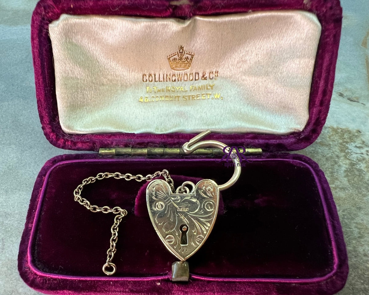Vintage 1959 9ct Yellow Gold Georg Jensen Engraved Heart Padlock with Safety Chain