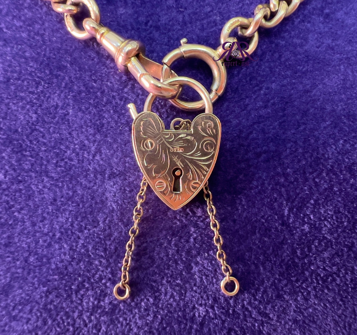 Vintage 1959 9ct Yellow Gold Georg Jensen Engraved Heart Padlock with Safety Chain