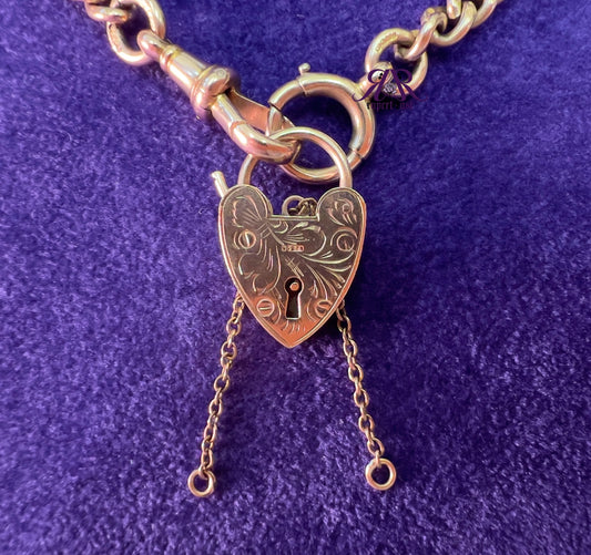 Vintage 1959 9ct Yellow Gold Georg Jensen Engraved Heart Padlock with Safety Chain