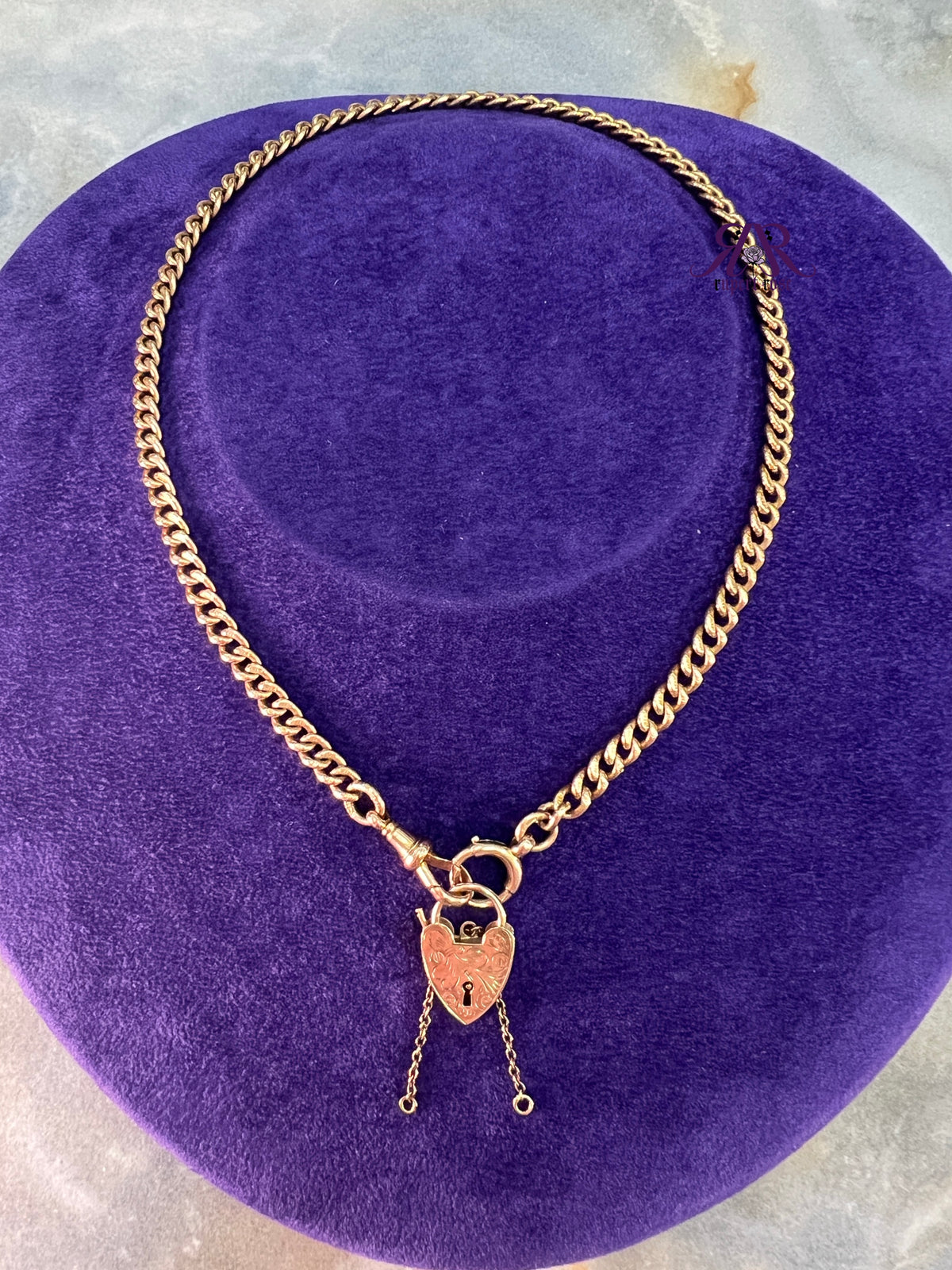 Vintage 1959 9ct Yellow Gold Georg Jensen Engraved Heart Padlock with Safety Chain