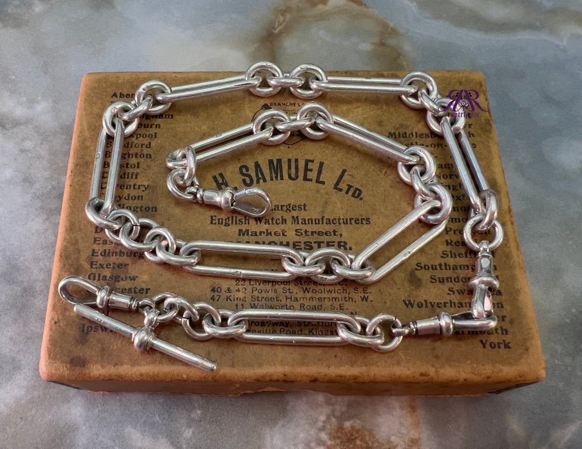 Antique Sterling Silver Long & Heavy Trombone/Paperclip & Cable Link Albert Watch Chain | 79g