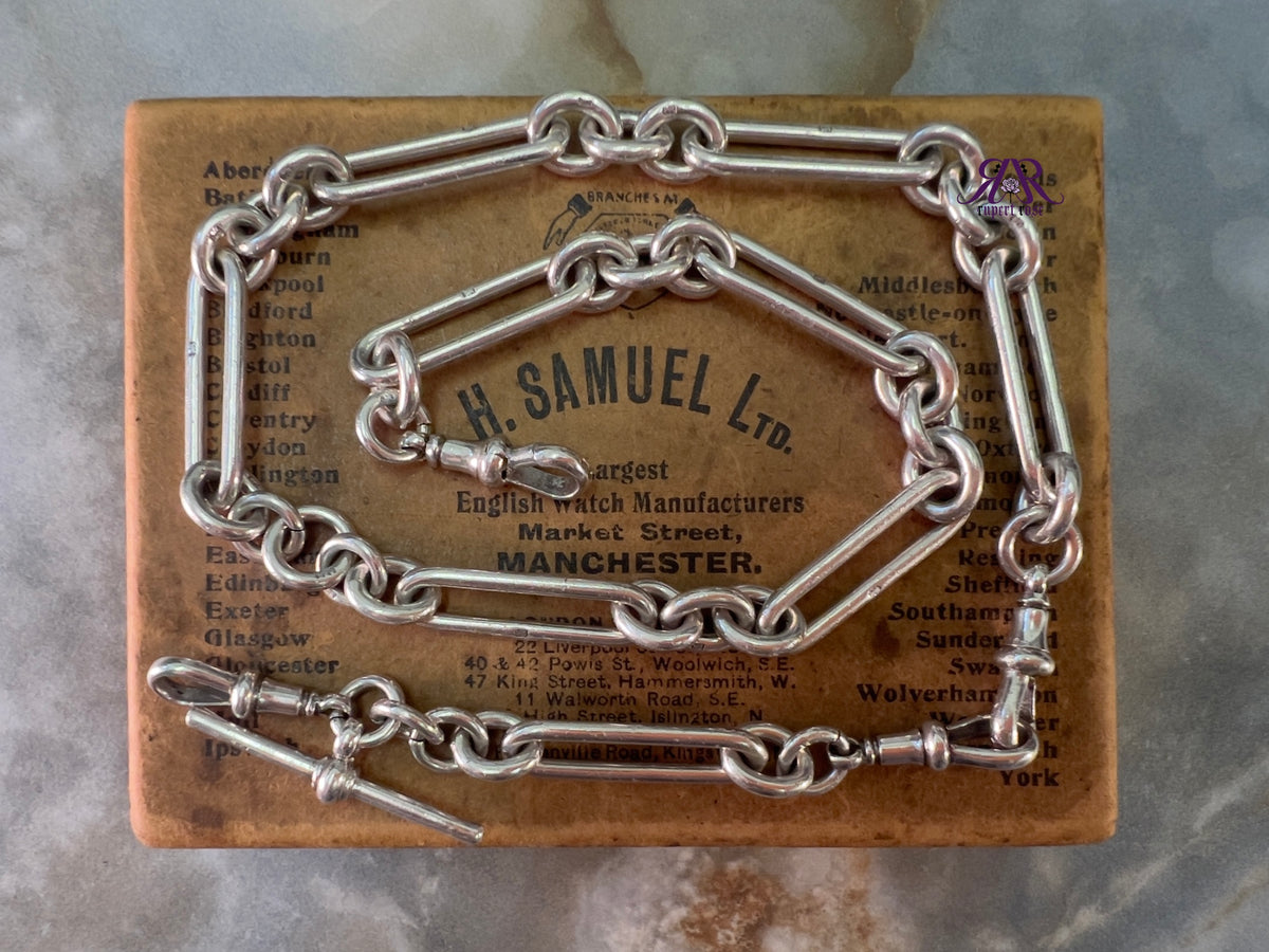 Antique Sterling Silver Long & Heavy Trombone/Paperclip & Cable Link Albert Watch Chain | 79g