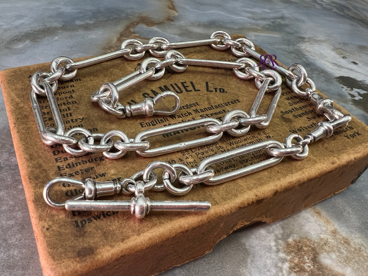 Antique Sterling Silver Long & Heavy Trombone/Paperclip & Cable Link Albert Watch Chain | 79g