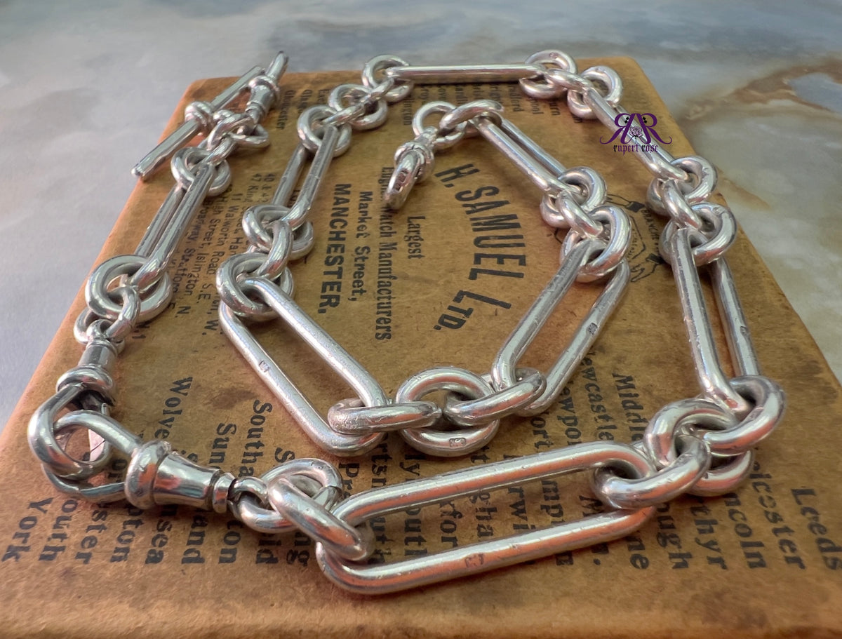 Antique Sterling Silver Long & Heavy Trombone/Paperclip & Cable Link Albert Watch Chain | 79g