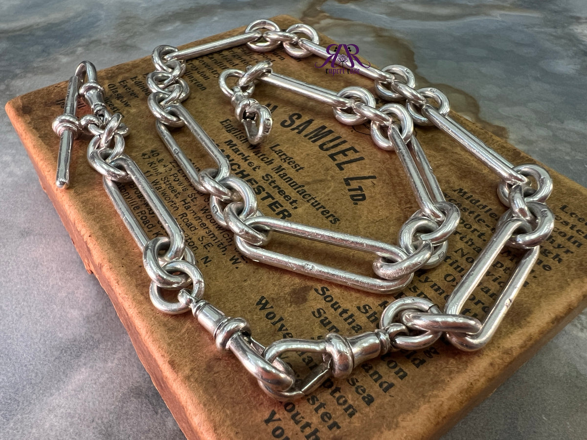 Antique Sterling Silver Long & Heavy Trombone/Paperclip & Cable Link Albert Watch Chain | 79g