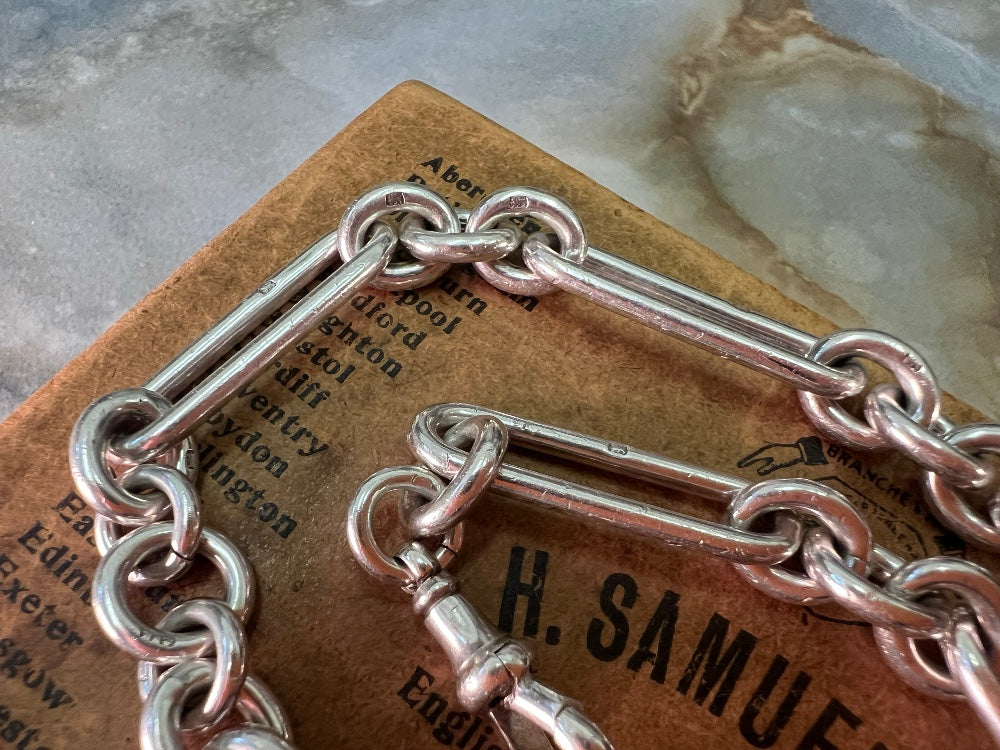 Antique Sterling Silver Long & Heavy Trombone/Paperclip & Cable Link Albert Watch Chain | 79g