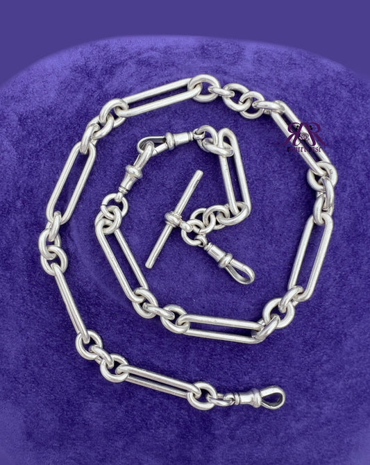 Antique Sterling Silver Long & Heavy Trombone/Paperclip & Cable Link Albert Watch Chain | 79g