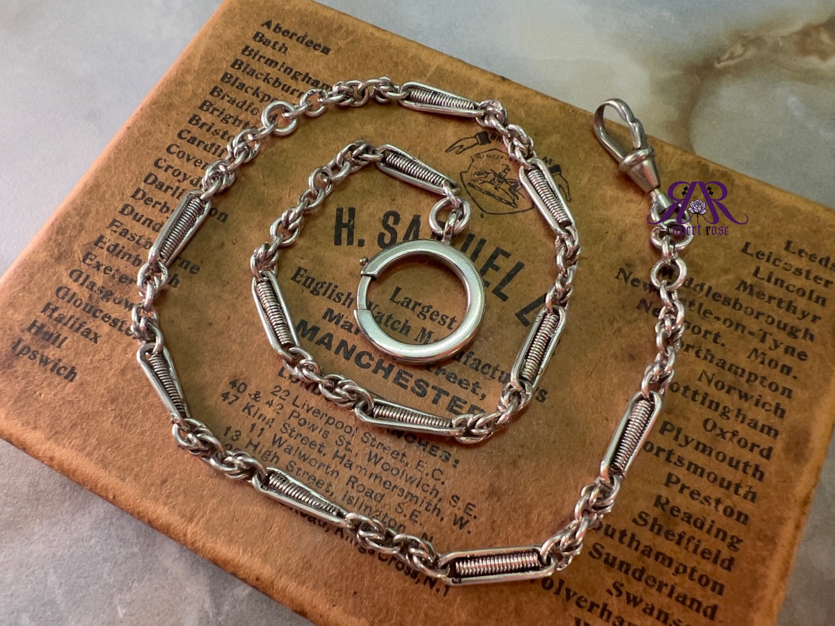 Antique Long Sterling Silver Fancy Paperclip & Cable Link Chain with Oversized Bolt Ring Clasp